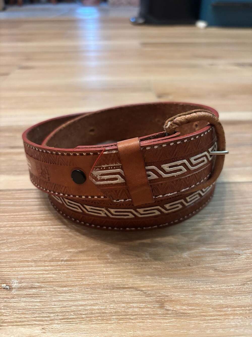 Handmade Mexican Leather Western Belt with Greek Key Embroidery